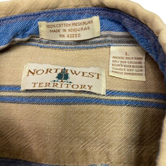 Vintage Northwest Territory Mens L Flannel Shirt Long Sleeve Blue Tan Stripe - Picture 3 of 16